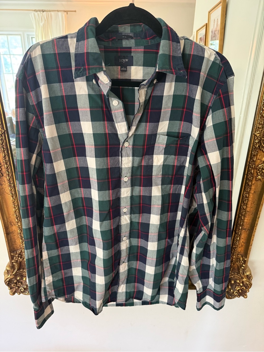 J. Crew Men's Green, Navy & White Plaid Button-Down Shirt with Red Accent